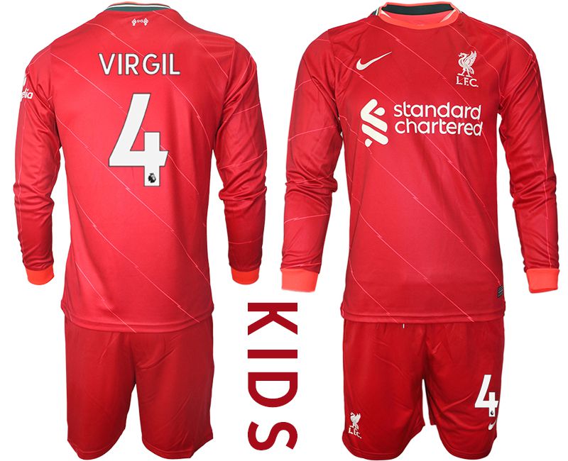 Cheap Youth 2021-2022 Club Liverpool home red Long Sleeve 4 Soccer Jersey